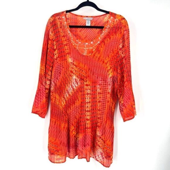 Catherines Women's Geometric Sequins Pleated 3/4 Sleeve Blouse Orange Size 1X - Picture 1 of 8